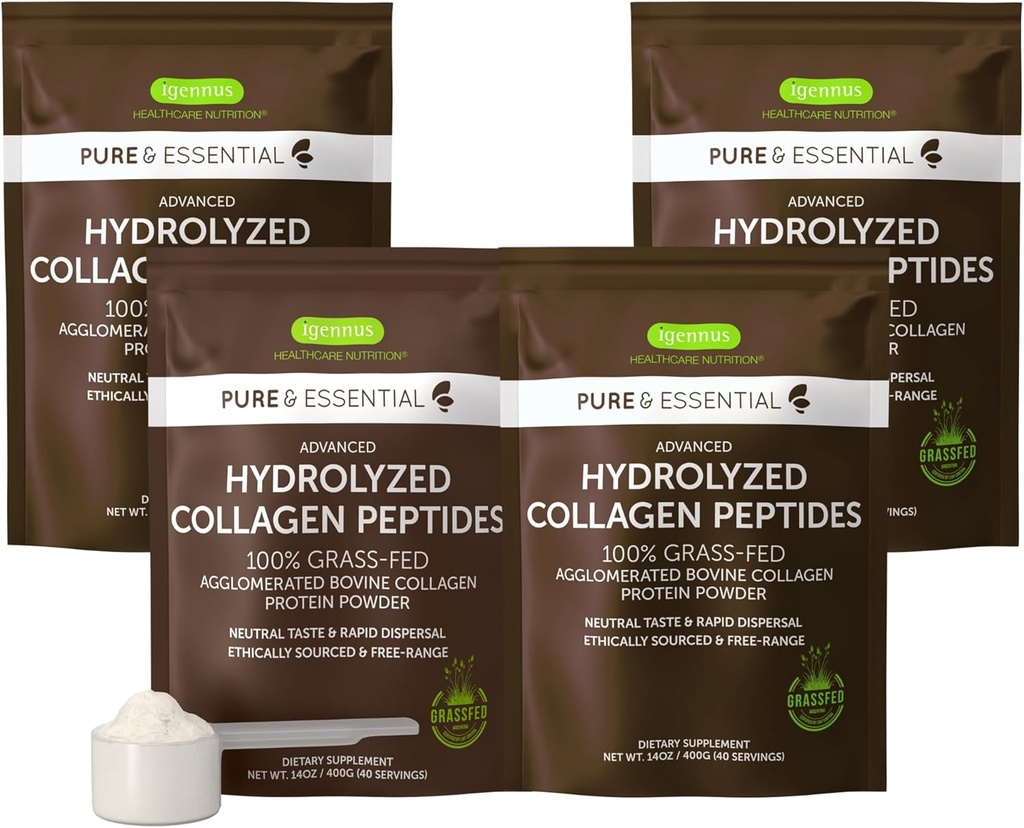 Igennus 100% Grass Fed Bovine Collagen Protein Powder, Highest Grade Hydrolyzed Collagen Peptides Tipos 1, 2 &amp; 3, para Hombres Mujer, No GMO, Distancia libre, Label limpia, Easy Mix, 4 x 40 Servings