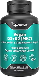 Naturalis Vegan Vitamina D3 + K2 con Aceite de Oliva Virgen Extra Ø 5000iu Vitamina D con 120mcg MK7 Vitamina K ← Mejor soporte para Bone &amp; Immune Health ← Vegan Society Certified 180 Softgels