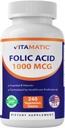 Vitamatic Folic Acid 1000 mcg (1 mg) - Vegetarian Tablets - 1667 mcg DFE - Vitamina B9 (240 Conde (Pack of 1))