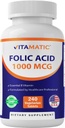 Vitamatic Folic Acid 1000 mcg (1 mg) - Vegetarian Tablets - 1667 mcg DFE - Vitamina B9 (240 Conde (Pack of 1))