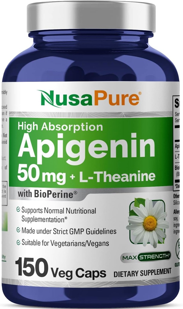 NusaPure Apigenin 50mg " L-Theanine 200mg, 150 Veggie Capsules, Bioperine (No-GMO, Gluten Free)