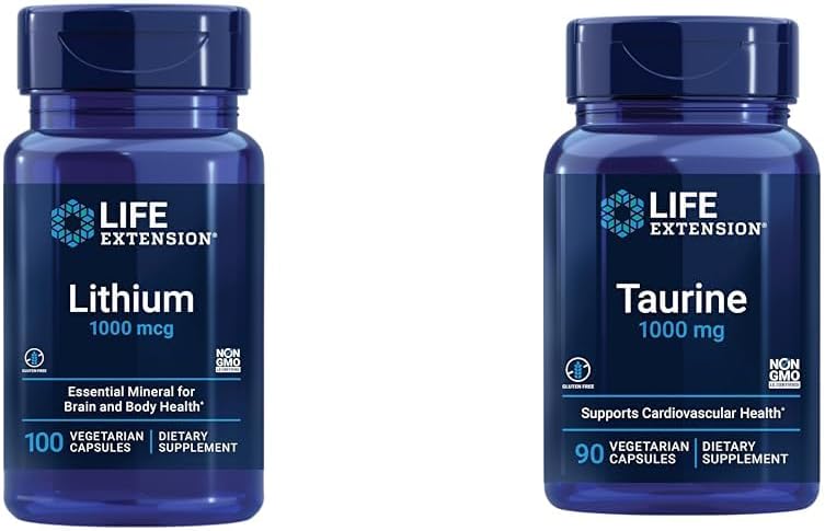 Extensión de la vida Litio 1000 mcg y Taurine 1000 mg - Salud cerebral, Anti-Aging, Longevity, Memory, Cognition, Mood, Heart, Liver, Muscle and Exercise Support - 100 Count
