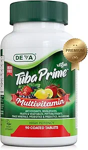 DEVA Tuba Prime Vegan Multivitamina Iron-Free - Suplemento dietético de alta potencia Vitamina &amp; Mineral - Antioxidantes, Fruta &amp; Vegeta Blend, Super hongos, Probióticos, Prebióticos, Semillas, Herbs 90 Tabs