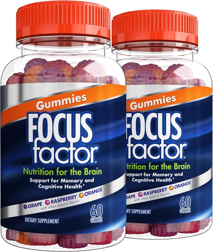 Focus Factor Nootropic Gummies, Memory Supplement for Brain, Phosphatidylserine, Bacopa, Huperzine A, 60 Count, Pack of 2