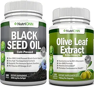 Black Seed Oil Softgels &amp; Olive Leaf Extract Capsules Combo - Targeted Immune Support