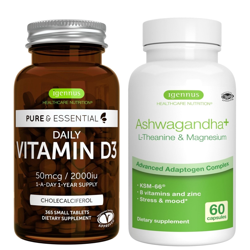 Vitamina diaria D3 + Ashwagandha+ L-Theanine & Magnesium Vegetarian Bundle, 365 2000iu Vitamina D3 Tablets + 600mg KSM-66 Ashwagandha con vitaminas Zinc & B, por Igennus
