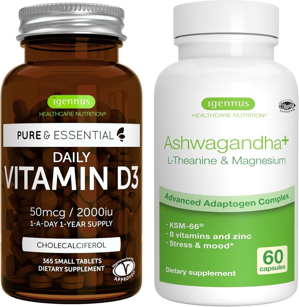 Vitamina diaria D3 + Ashwagandha+ L-Theanine & Magnesium Vegetarian Bundle, 365 2000iu Vitamina D3 Tablets + 600mg KSM-66 Ashwagandha con vitaminas Zinc & B, por Igennus