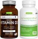 Vitamina diaria D3 + Ashwagandha+ L-Theanine & Magnesium Vegetarian Bundle, 365 2000iu Vitamina D3 Tablets + 600mg KSM-66 Ashwagandha con vitaminas Zinc & B, por Igennus