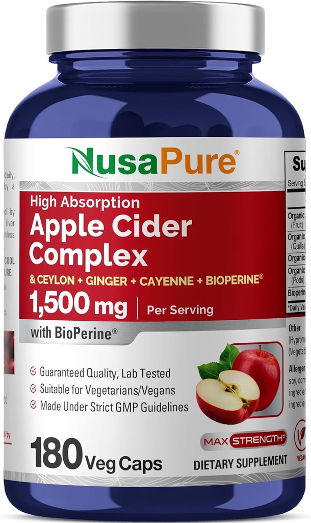 Complejo de vinagre de manzana NusaPure 1500 mg 180 tazas Adecuado para vegetarianos y veganos, no GMO