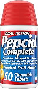 Pepcid Reductor completo de ácido + antiácido para Reflujo ácido, Famotidina de 10 mg, Carbonato de calcio de 800 mg &amp; Hidroxido de magnesio de 165 mg por tableta de acidez cardiaca, cerdas de ácido, fruta tropical, 50 ct