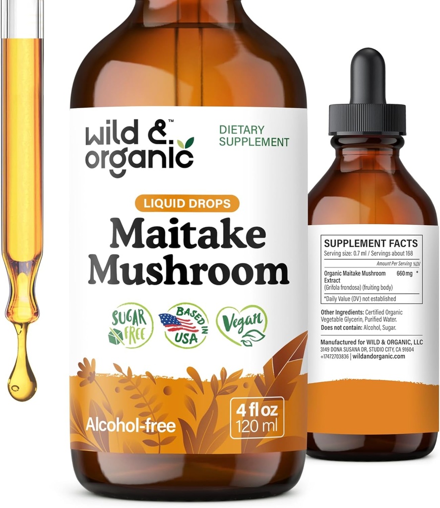 Wild &amp; Organic Maitake Mushroom Tintura - Immune Support Suplemento - Liquid Maitake Mushroom Extract - Vegan, Azúcar &amp; Alcohol-Free Drops - 4 fl oz