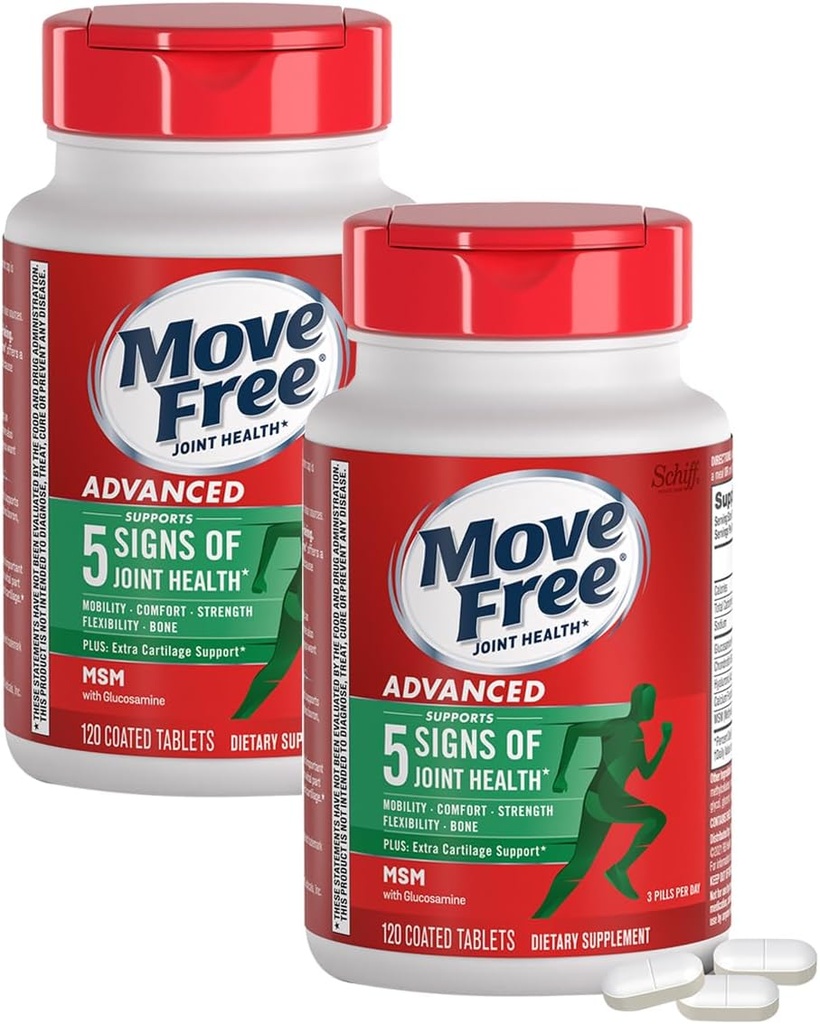 Move Free Advanced Glucosamine Chondroitin MSM Joint Support Supplement, Supports Mobility, Comfort, Strength, Flexibility & Bone, 120 Tablets/40 Servings (2 Pack)
