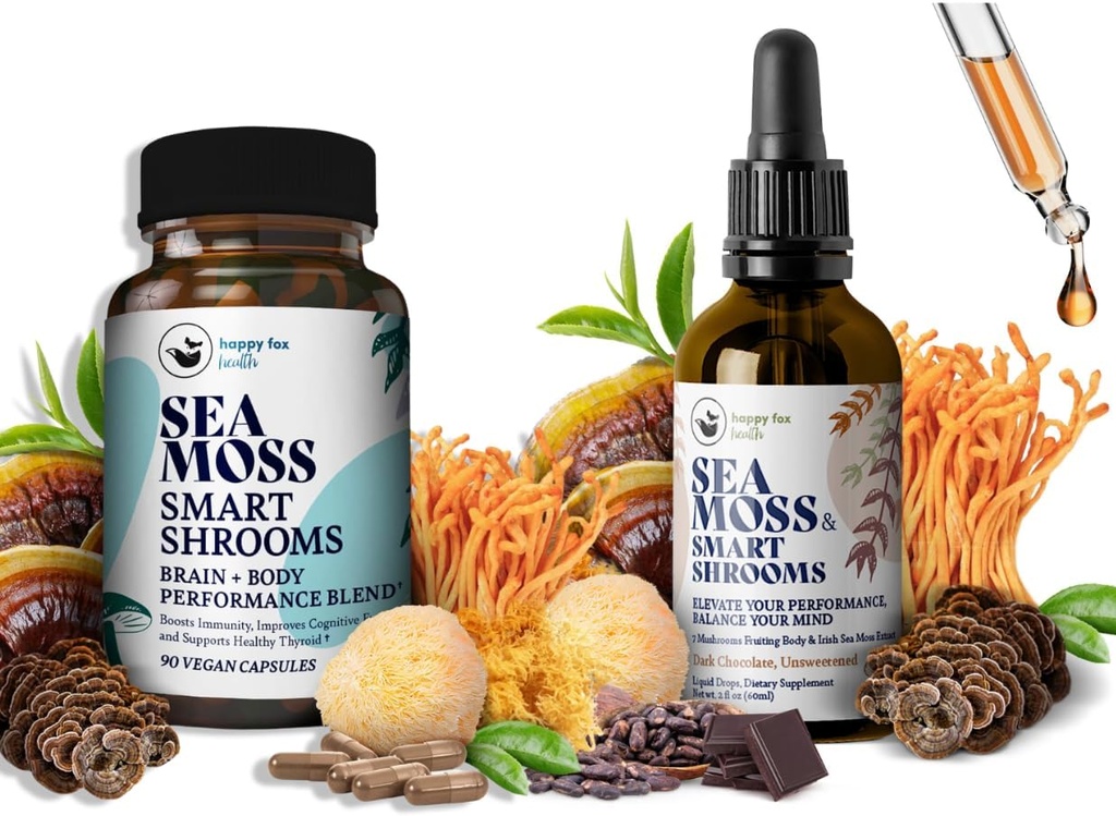 Brain Superfoods Bundle - Organic Sea Moss & Smart Shrooms, Capsules y Liquid Drops Bundle, Organic Irish Seamoss y 7 Adaptogenic Supplements for Memory and Focus. Gotas líquidos en sabor de chocolate