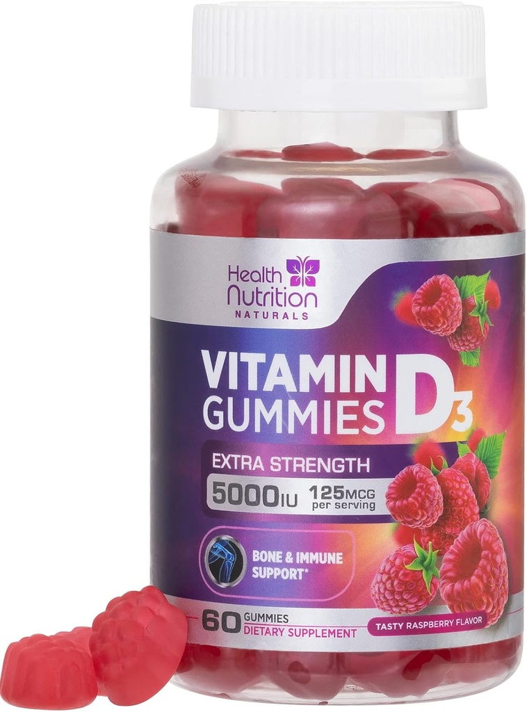 Vitamina D3 Gummies 5000 UI (125 mcg) - Triple Strength Bone and Immune Support, Vitamina D Gummy Dietary Supplement, Nature's Berry D Vitamin Supplement, Raspberry Flavored, Non-GMO - 60 Gummies