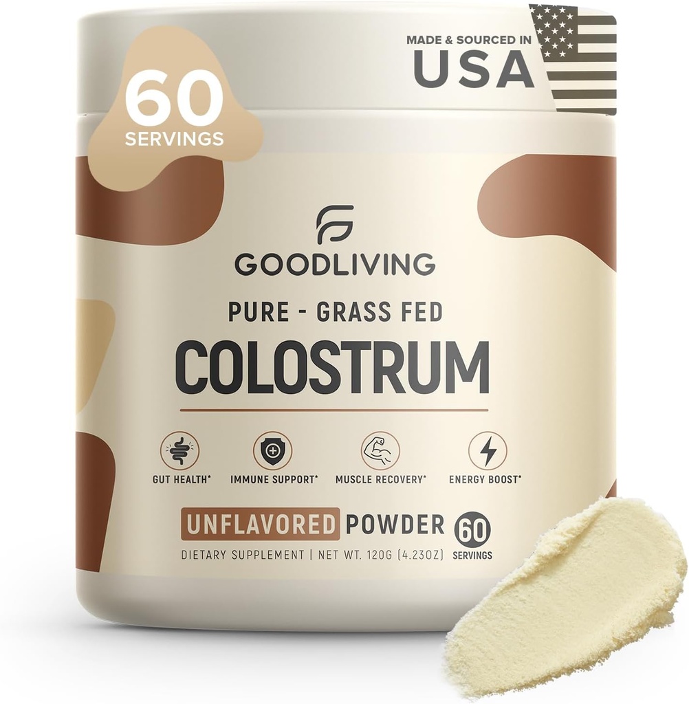 GoodLiving Grass Fed Colostrum Powder for Immune Support, Gut Health, Muscle Support &amp; Wellness - Grass Fed Colostrum for Women &amp; Men, Natural IgG Pure Whole Colostrum, Unflavored, 60 Servings