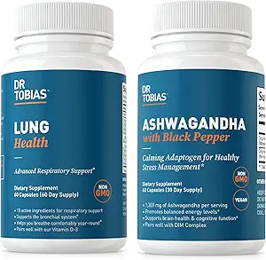Dr. Tobias Lung Health and Ashwagandha Capsules - Lung Cleanse " Detox for Bronchial " Respiratory System with Calming Adaptogen Formula, Non-GMO