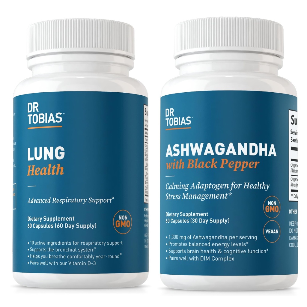 Dr. Tobias Lung Health and Ashwagandha Capsules - Lung Cleanse " Detox for Bronchial " Respiratory System with Calming Adaptogen Formula, Non-GMO