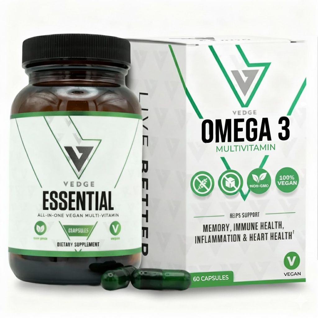 vedge Vegan Omega 3 Multivitamínico para Mujer y Hombre – Planta-Based Algal EPA & DHA + Vitamina B12, Vitamina D, K2, Magnesio, Zinc &amp; Selenium – 30-Day Supply – Non-GMO, Gluten Free, Made in USA