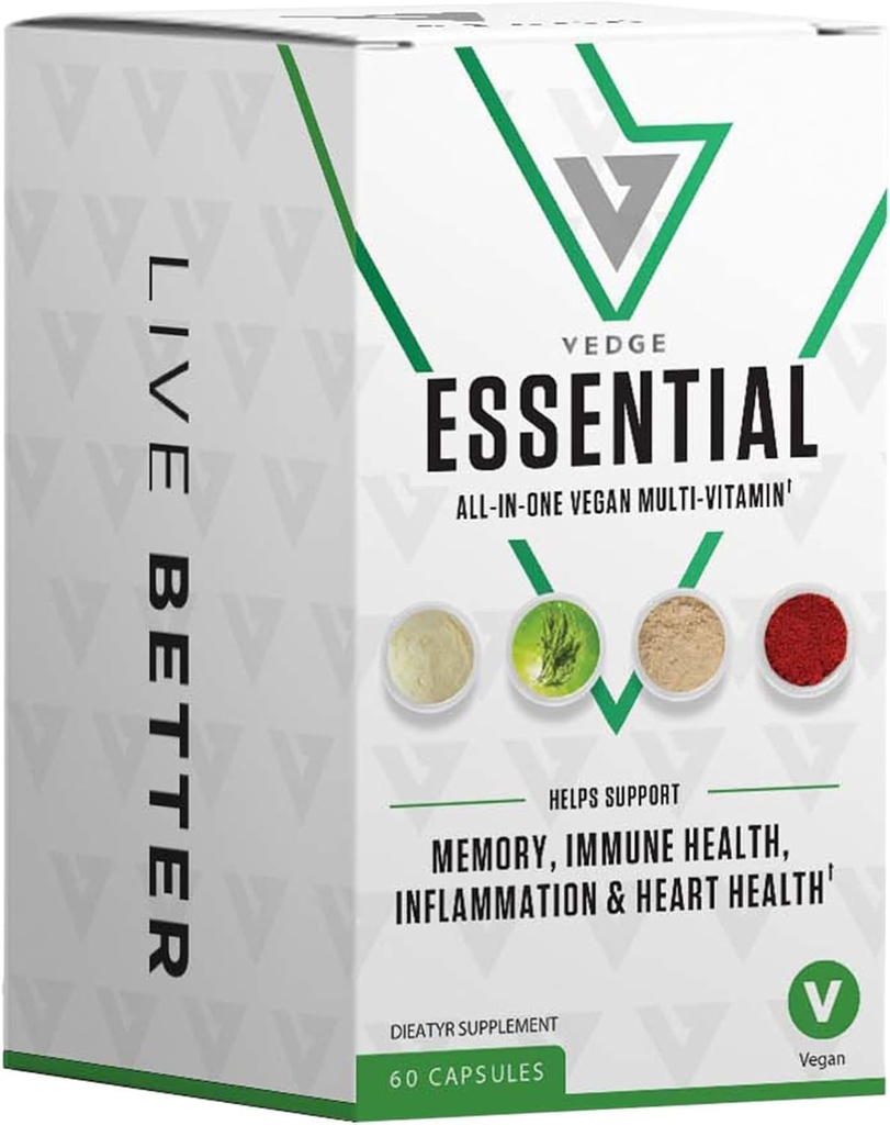 vedge Vegan Omega 3 Multivitamínico para Mujer y Hombre – Planta-Based Algal EPA & DHA + Vitamina B12, Vitamina D, K2, Magnesio, Zinc &amp; Selenium – 30-Day Supply – Non-GMO, Gluten Free, Made in USA