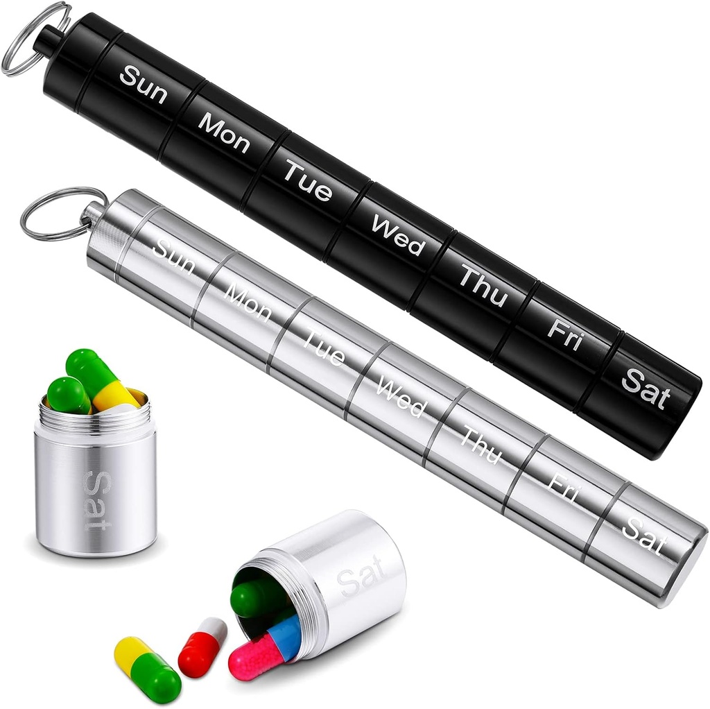 Vesici 2 Pack Metal semanal Pill Organizer Contenedor de pilas de viaje con llavero 7 días semanal impermeable de agua pequeñas cápsulas caja de seguridad para mujeres hombres viajar al aire libre (negro, plata)