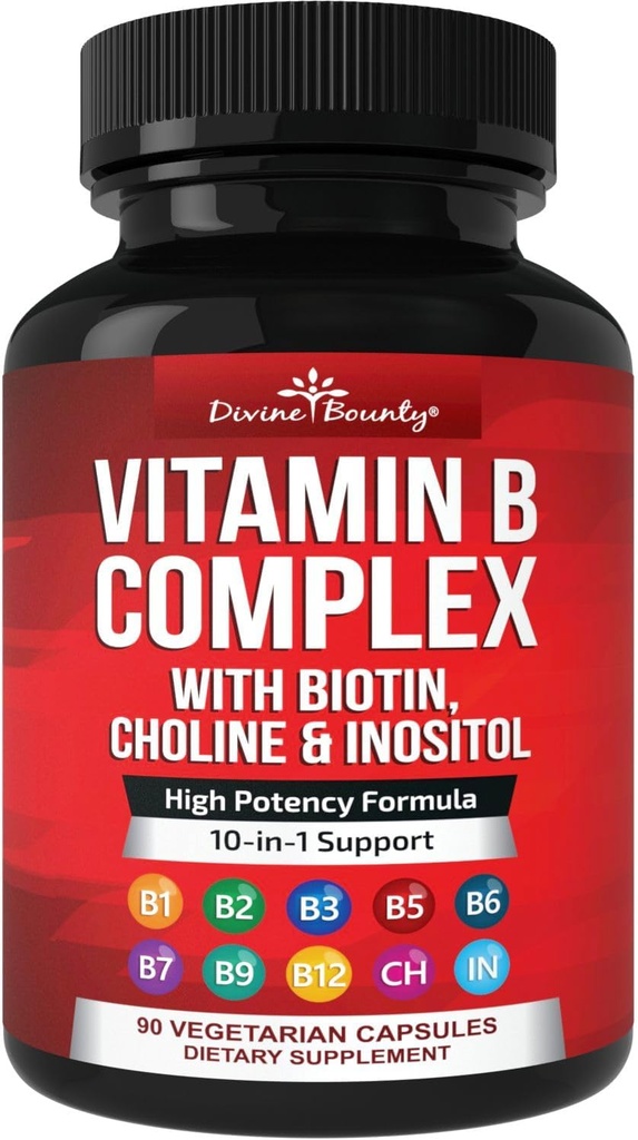 Divine Bounty Super B Complex Vitamins - All B Vitamins Including B12, B1, B2, B3, B5, B6, B7, B9, Folic Acid - Vitamin B Supplement - Support Healthy Energy Metabolism - 90 Vegetarian Capsules