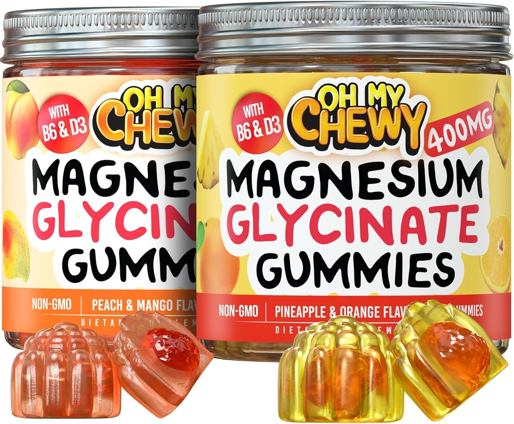 Magnesium Gummies Bundle – 2 Botellas (60 Cada uno) – Pineapple Orange &amp; Peach Mango