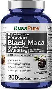 NusaPure Black Maca Root 50:1 Extract, 750 mg Equivalent to 37,500 mg 200 Veggie Per Caps (Vegan, Non-GMO)
