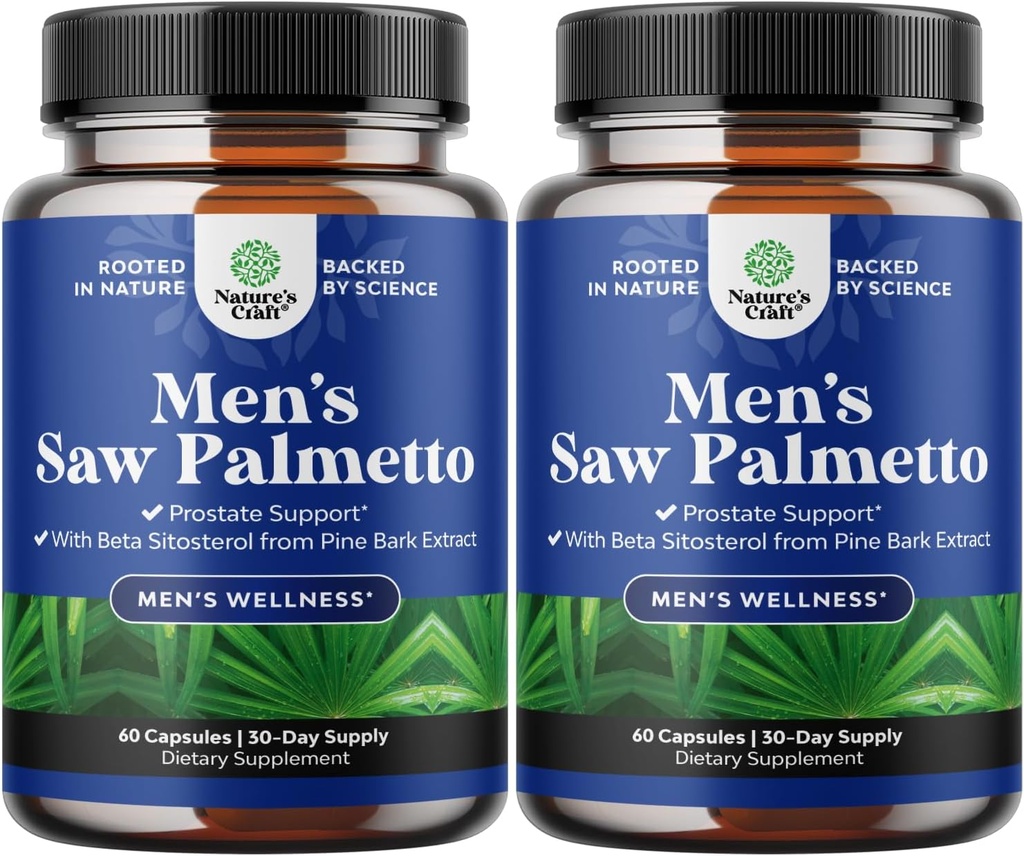 Saw Palmetto para Hombres con Beta Sitosterol - Saw Palmetto Extract Soporte de próstata Suplemento para la salud de los hombres &amp; mejor control de la vejiga Plus Restauración del cabello Suplemento para la salud de los hombres - 2 Pack