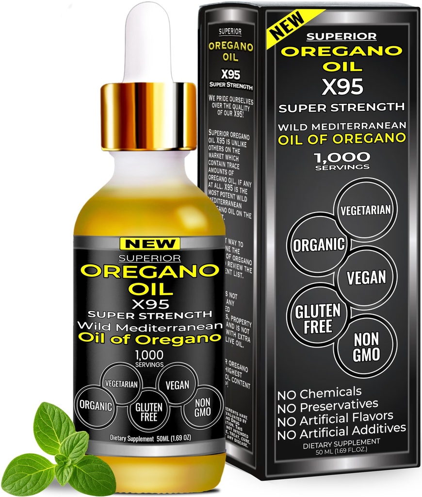 Caídas de aceite de orégano orgánico - 1.000 Aportaciones, 12 meses de suministro, aceite silvestre de orégano 9X Carvacrol, Immune &amp; Digestive Support, Non-GMO, Suplemento herbal de grado alimenticio, Alternativa al aceite de orégano Tincture