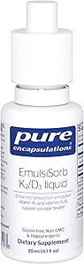 Encapsulaciones puras EmulsiSorb K2/D3 Líquido ← Absorción reforzada Emulsion Vitamina K2 y Vitamina D3 para el apoyo a la salud vascular 0,7 Fl Oz