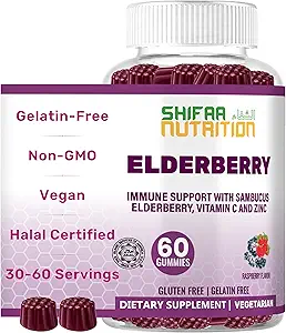 SHIFAA NUTRITION Vegan Black Sambucus Elderberry Gummies ← Non-GMO Silencio 60 Gummies, 30 Sirviendo w/ 100mg Elderberry, 90mg Vitamin C, 7.5mg Zinc  permanente Immune Support, Antioxidant Flavonoids Halal Vitaminas