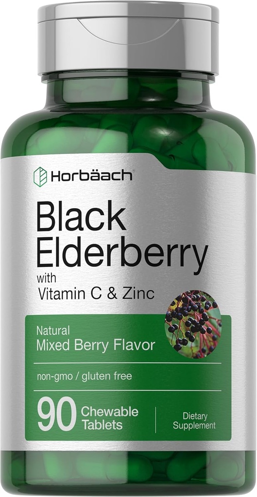 Horbaach Black Elderberry with Vitamin C and Zinc | 90 Chewable Tablets | Mixed Berry Flavor | Immune Support Complex | Vegetarian, Non-GMO, and Gluten Free Supplement