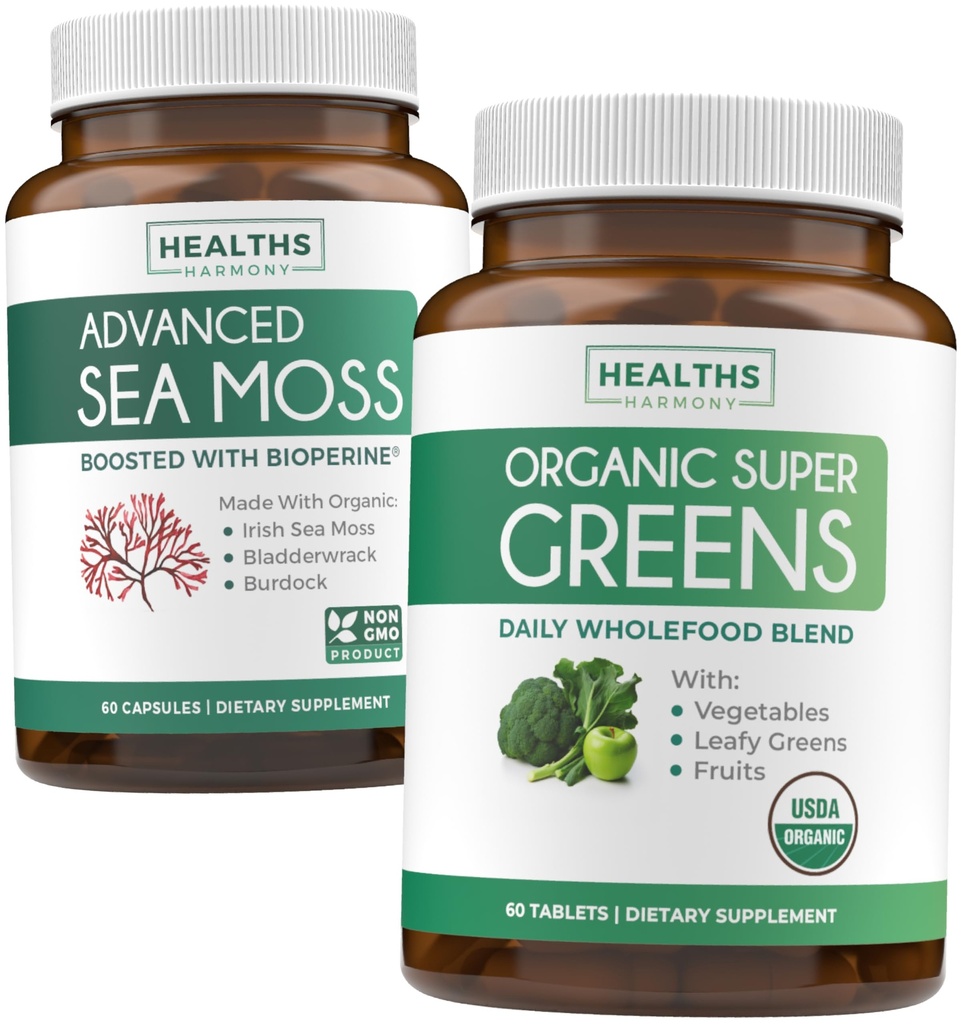 Irlandés Moss &amp; Organic Super Greens (1-Month Supply) Supercharge Duo Bundle - Organic Irish Seamoss - Raw Vegan Superfood (60 Caps) & Organic Greens Powder with 28 Fruits & Vegetables (60 Caps)