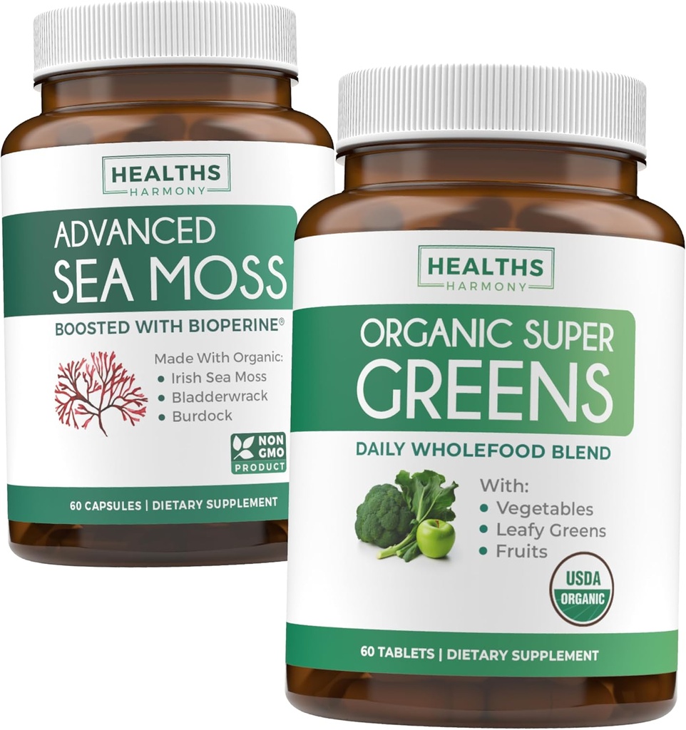 Irlandés Moss &amp; Organic Super Greens (1-Month Supply) Supercharge Duo Bundle - Organic Irish Seamoss - Raw Vegan Superfood (60 Caps) & Organic Greens Powder with 28 Fruits & Vegetables (60 Caps)
