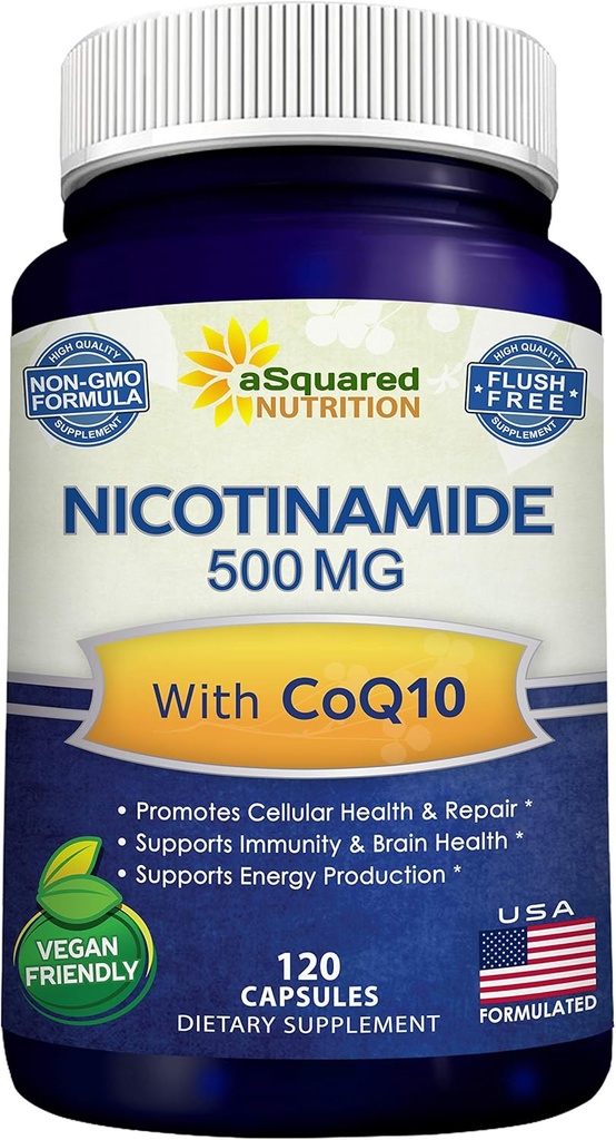 Nicotinamida con CoQ10 (120 cápsulas) - Vitamina B3 500mg (Niacinamide Flush Free) - Coenzyme Q10 Polvo - VIT B-3 &amp; Coq 10 píldoras suplementarias para apoyar la energía, NAD, " Skin Cell Health