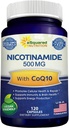 Nicotinamida con CoQ10 (120 cápsulas) - Vitamina B3 500mg (Niacinamide Flush Free) - Coenzyme Q10 Polvo - VIT B-3 &amp; Coq 10 píldoras suplementarias para apoyar la energía, NAD, " Skin Cell Health