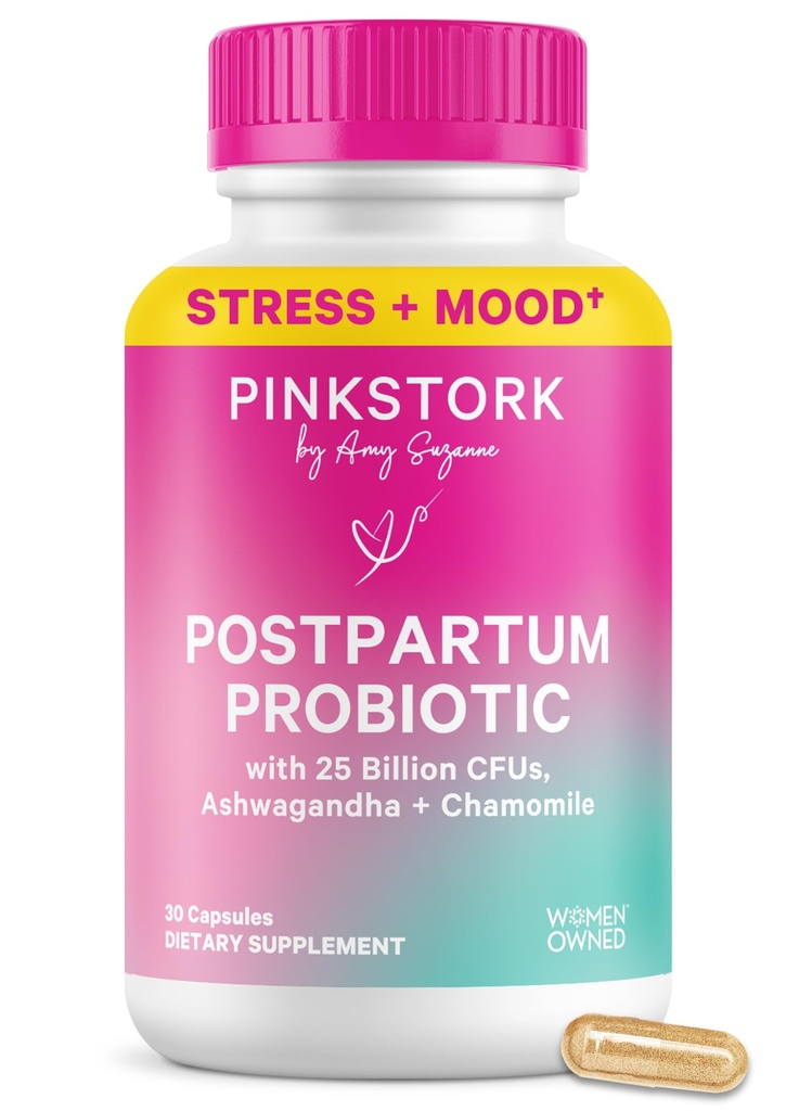 Probióticos de estufa rosa para mujeres postnatales - 30 millones de francos CFUS con Ashwagandha y manzanilla, Esenciales posparto para el equilibrio hormonal, Apoyo al humor, Salud Gut, Bienestar Digestivo, 30 cápsulas