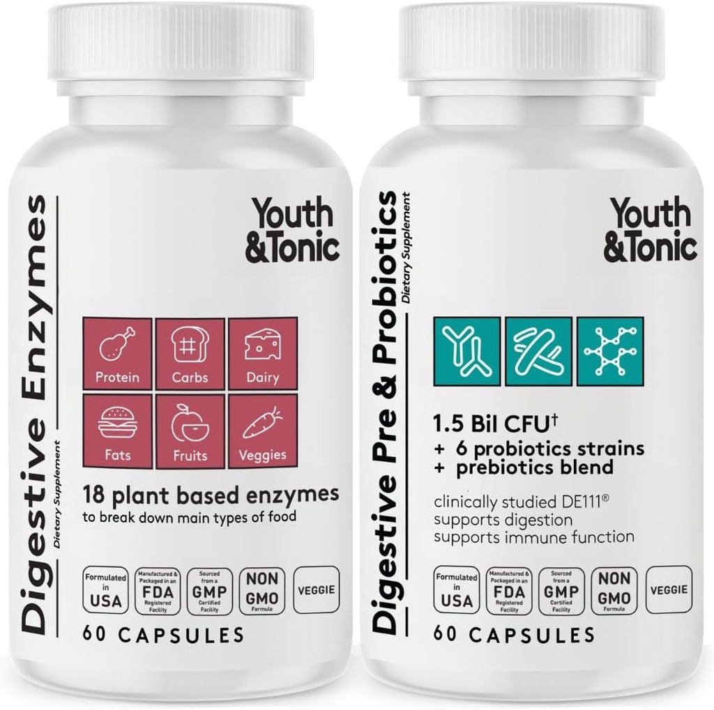 Jóvenes &amp; Tonic Digestive Supplement for Bloating, Regularity & Gut Health. Probióticos y prebióticos para la digestión para romper alimentos y utilizar diariamente, para hombres de mujeres – 120 pastillas