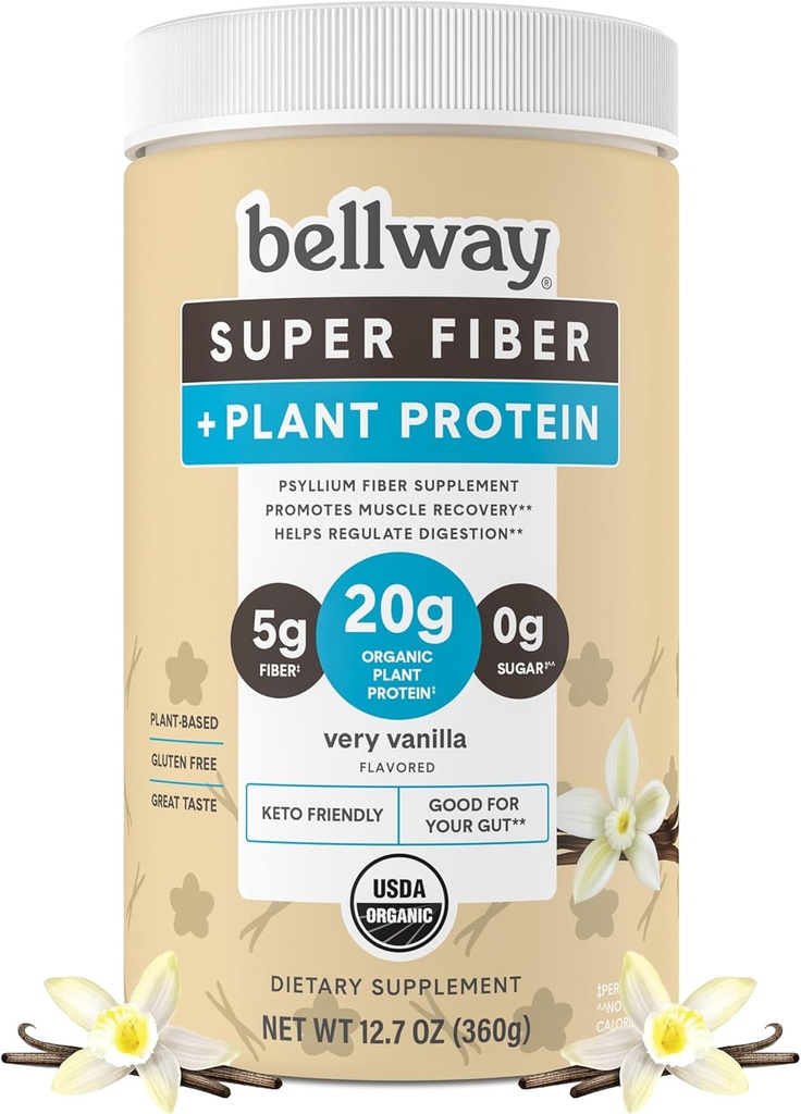 Bellway Super Fiber + Protein Powder, Sugar-Free Organic Psyllium Husk Fiber Supplement Powder with 20g Plant Protein Per Serving, Very Vanilla, 12.7 oz