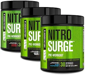 Jacked Factory NITROSURGE Pre Workout Suplemento - Endless Energy, Instant Strength Gains, Clear Focus, Intense Pump ← Cherry Limeade, Blue Raspberry, Arctic White (90 Servings)