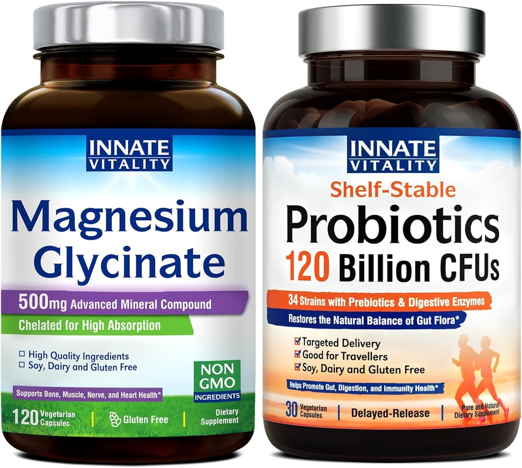 Innato Vitality Magnesium Glycinate &amp; Probiotics 120 Billion Bundle, Non-GMO, No Gluten Dairy Soy & Vegan, Magnesium (120 Caps) & Probiotic (30 Caps)
