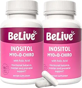 BeLive Myo-Inositol &amp; D-Chiro Inositol Suplemento – 2 Pack – 90 cápsulas Cada – 40:1 ratio con ácido fólico para las mujeres
