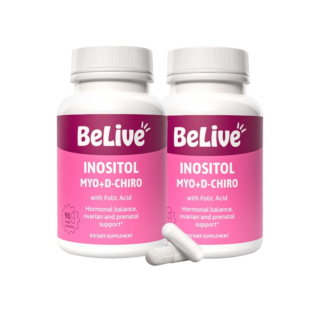 BeLive Myo-Inositol &amp; D-Chiro Inositol Suplemento – 2 Pack – 90 cápsulas Cada – 40:1 ratio con ácido fólico para las mujeres