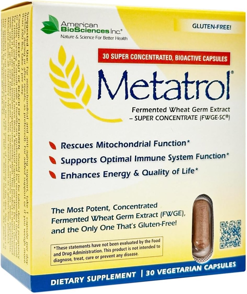 American BioSciences Metatrol Fermented Wheat Germ Extract - Immune &amp; Mitocondria Apoyo a la Vitalidad Renovada &amp; Energía Reforzada - Gluten Free - 30 Vegetarian Capsules, 41mg