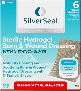 SilverSeal Burn and Wound Dressing, Hydrogel Pads con plata X-Static, Soothing, Moist &amp; Protective for Burns, Cuts & Wounds, 2" x 3" Sterile Dressings, 6 Conde