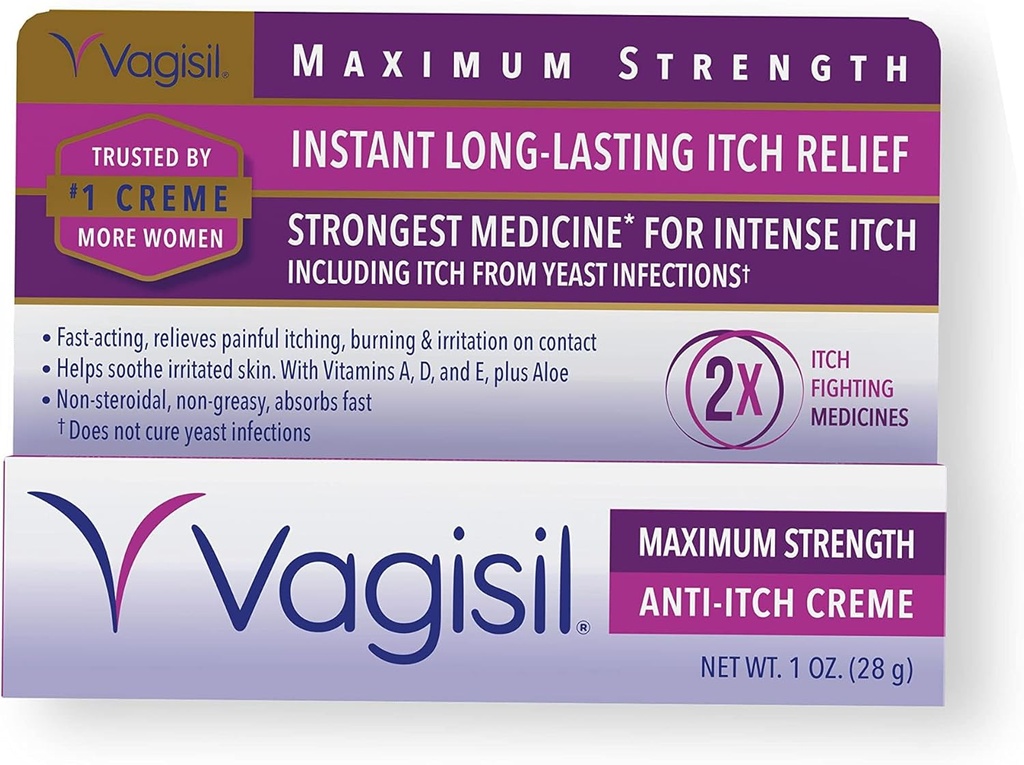 Vagisil Máximo Estrés Crema Femenina Anti-Itch con Benzocaina para Mujeres, Ayuda a Aliviar Irritación de la Infección de Levadura, Gynecólogo Tested, Actuación rápida, Soothes y Cools Skin, 1 oz