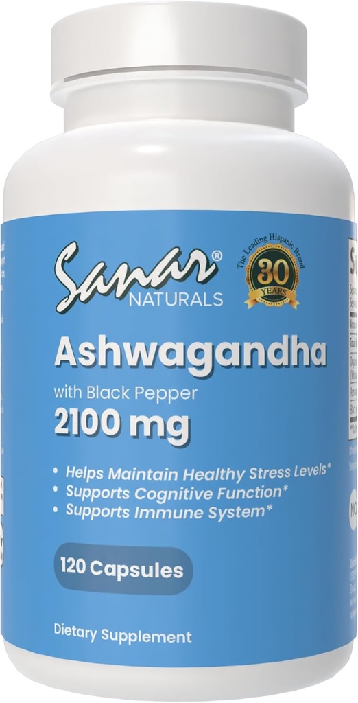 Sanar Naturals Ashwagandha 2,100 mg - Stress & Mood Support Supplement - Promotes Focus and Sustained Energy, Ashwaghanda Powder and Root Extract Blend with Black Pepper - Non-GMO, 120 cápsulas