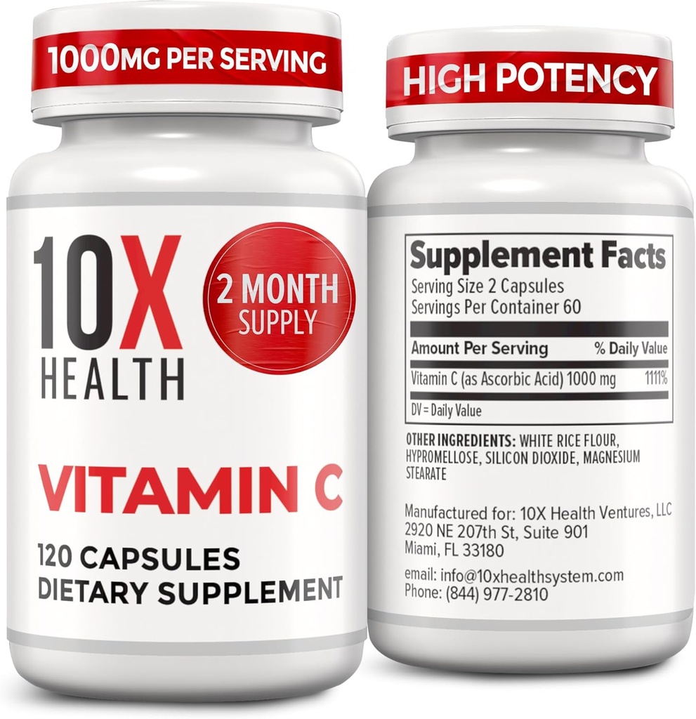 10X Salud Vitamina C 1000mg - 120 Capsules Vitamina C, Ácido ascórbico de alta dosis para la inmunidad, protección antioxidante, Collagen &amp; Tissue Support for Adults - VitaminC 1000 mg - Non-GMO, Gluten-Free