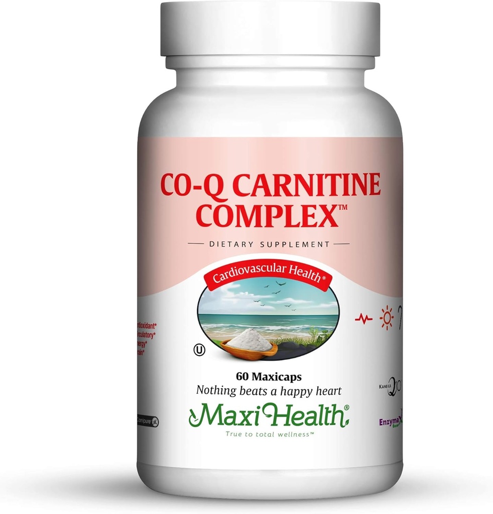 Complejo de Carnitina Maxi Health Coq - Coenzyme Q10 &amp; L-Carnitine - Salud cardíaca - 60 cápsulas - Kosher (CAR)