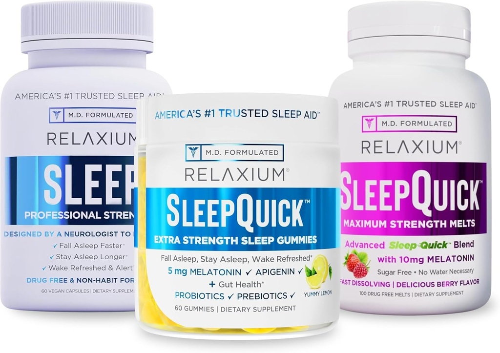 Relaxium Sleep | 60 Capsule+ Sleep Quick Melts + Gummies (Family Pack Sleep Bundle)